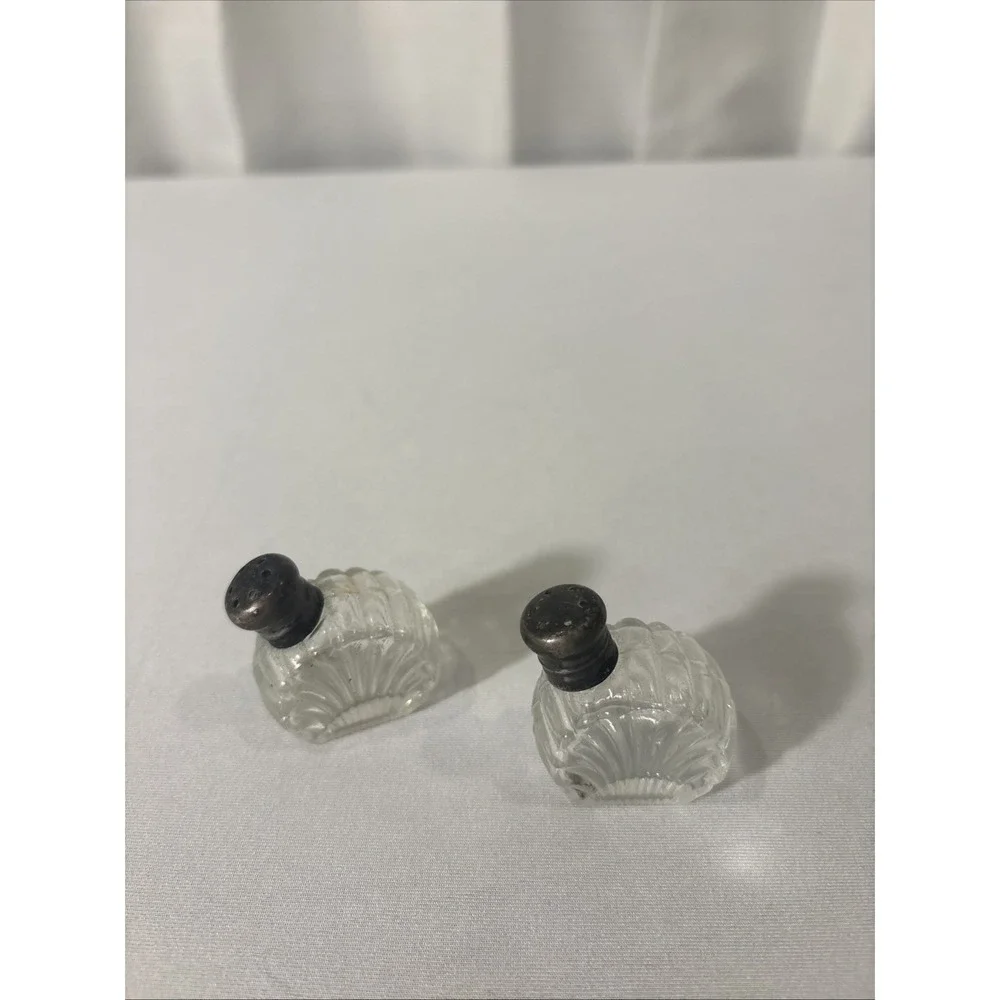 Vintage‎ Antique Glass/Crystal Salt & Pepper Shakers Sterling Silver Caps~Patina